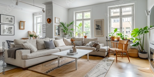 A large living room with a white couch  a coffee table  and a few potted plants