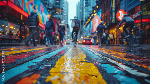 Street scene with colorful wet pavement