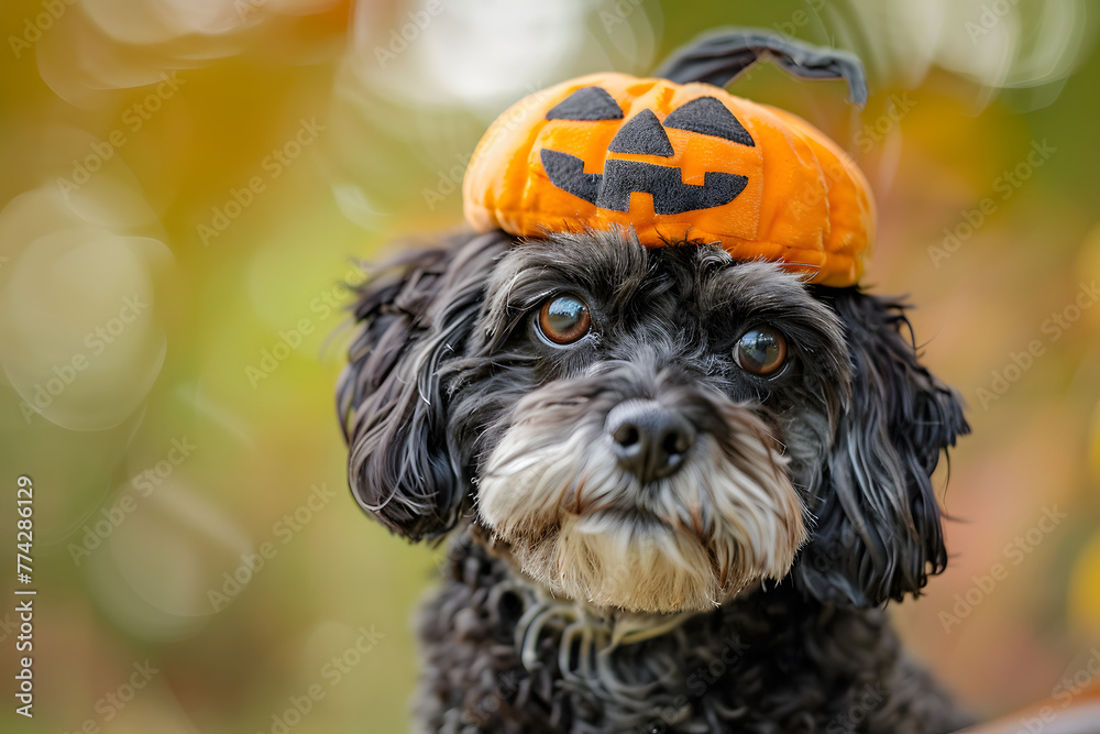 Cute dog wearing a pumpkin hat. Halloween Day.