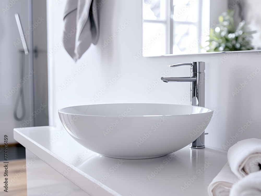 A white sink with a silver faucet sits on a countertop A white sink with a silver faucet sits on a countertop