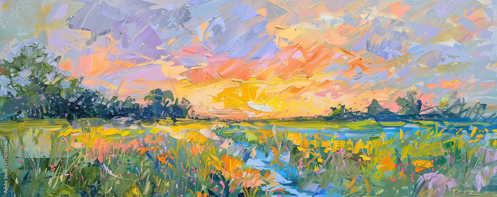 Easter sunrise painting, impressionistic style with vibrant spring colors