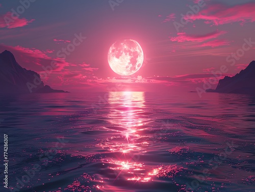 Romantic pink moon over ocean.