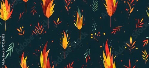 Camping fire pattern, bonfires and bows arrows on a dark blue background photo