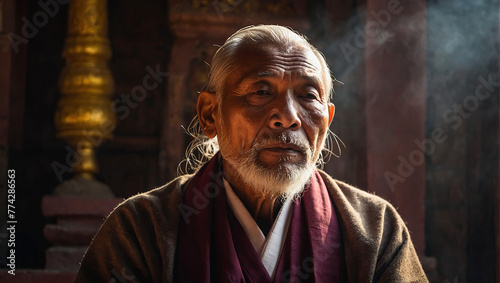 Tibetan monk meditates in the temple. photo