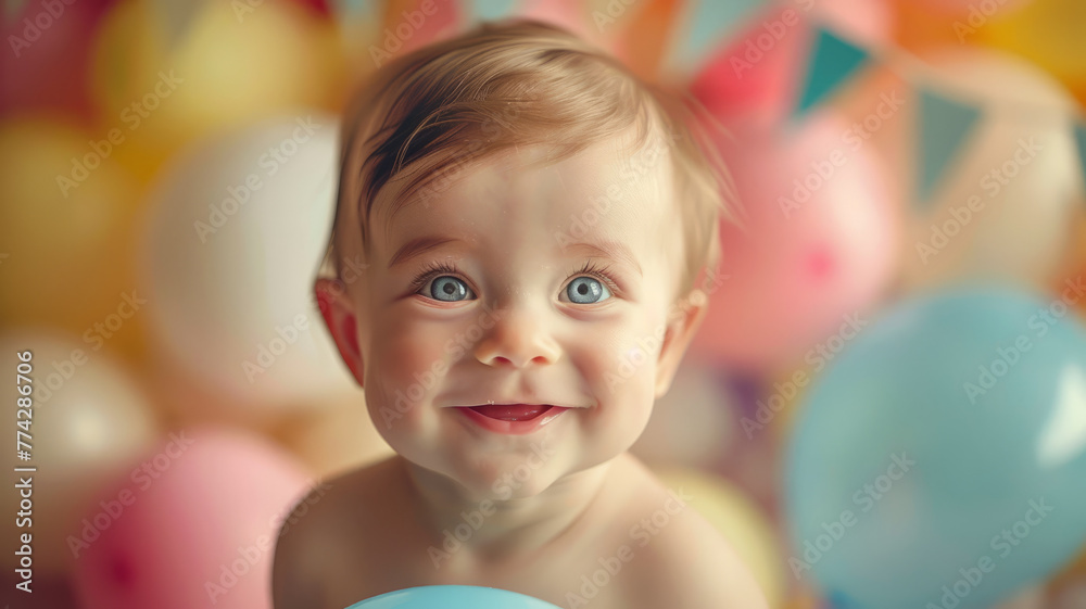 Baby smiling among colorful balloons Baby smiling among colorful balloons