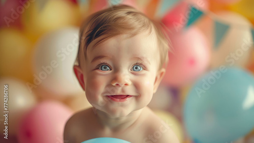 Baby smiling among colorful balloons