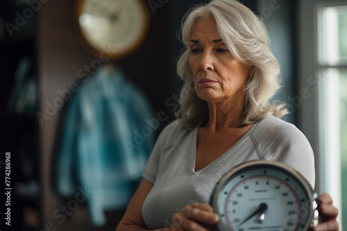 Menopausal Mature Woman Concerned With Weight Gain Standing On Scales In Bedroom At Home