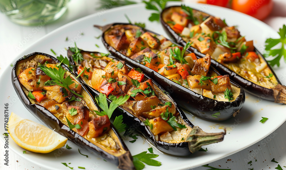 Nutritious Baked Eggplants Stuffed with Fresh Vegetables and Herbs Nutritious Baked Eggplants Stuffed with Fresh Vegetables and Herbs