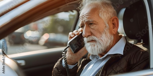 Elderly man filing insurance claim for car accident and whiplash injury over the phone. Concept Insurance Claim Process, Car Accident, Whiplash Injury, Elderly Man, Phone Conversation
