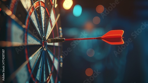 aims arrow at a virtual target dartboard, precision in setting objectives for business investments and hitting targets in business photo