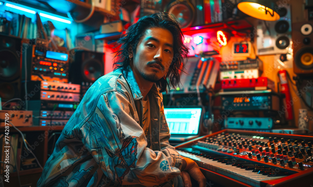 An intense portrait of an Asian rapper immersed in his music production, surrounded by studio equipment and a neon-lit ambiance, capturing the raw energy and passion of hip-hop artistry.
