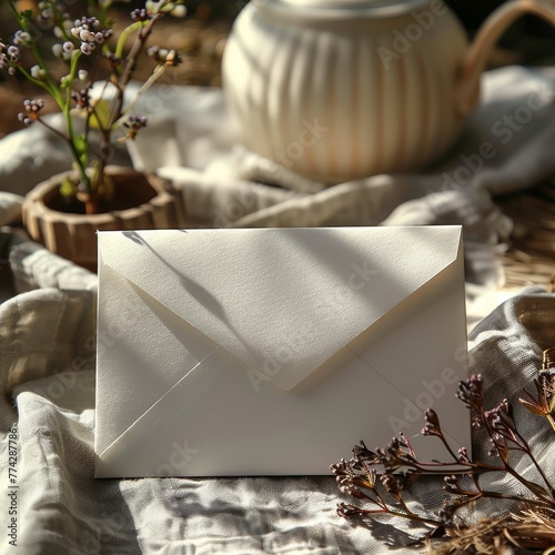 Craft envelope on a wooden table with a vintage background and a vase with dried flowers. Concept: Messages and correspondence in retro style, sophisticated handmade style, invitations