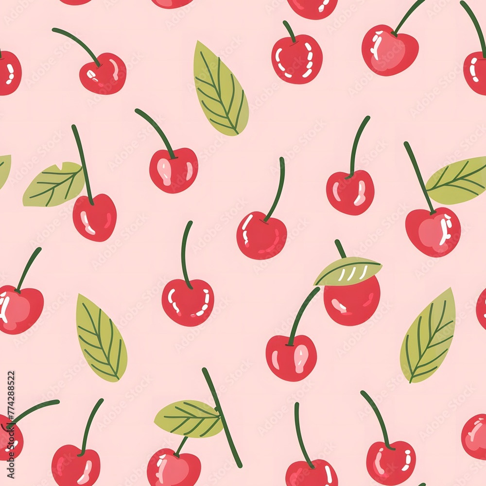 cherry pattern, cute and playful design, pastel pink background cherry pattern, cute and playful design, pastel pink background