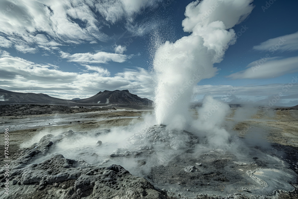 A large geyser erupts in the middle of a field