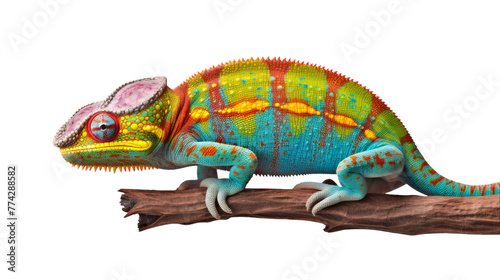 A colorful chameleon perches on a tree branch, blending in with its surroundings