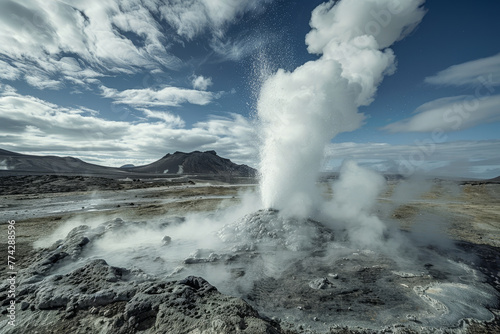 A large geyser erupts in the middle of a field