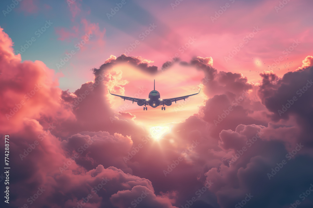 Panorama view of commercial airplane flying above dramatic clouds during sunse. A passenger plane is flying in heart-shaped clouds - obrazy, fototapety, plakaty 