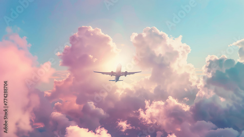 Panorama view of commercial airplane flying above dramatic clouds during sunse. A passenger plane is flying in heart-shaped clouds