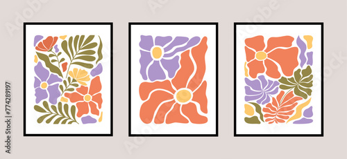 Abstract flower posters set in trendy Matisse style.  Trendy botanical wall art. Naive groovy interior decoration.  Vector illustration