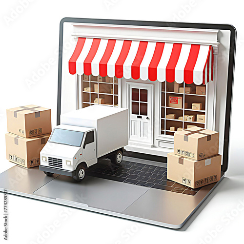 A laptop screen is a storefront. Next to it are merchandise boxes and Cargo truck .