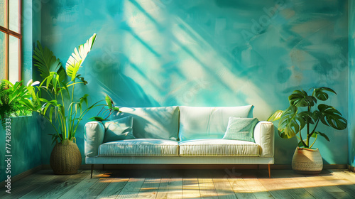 Modern interior - living room with lots of plants - turquoise and white colors