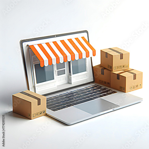 A laptop screen is a storefront. Next to it are merchandise boxes and Cargo truck .