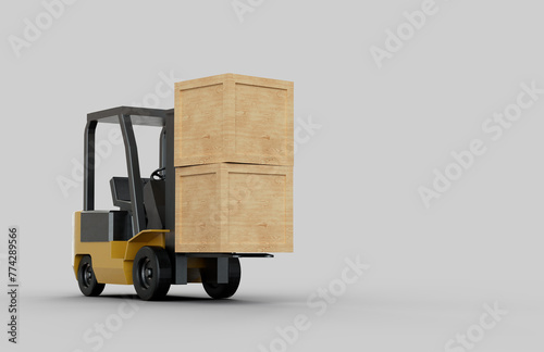 Isolated Forklift With Wood Boxes on White Background. 3D Rendered
