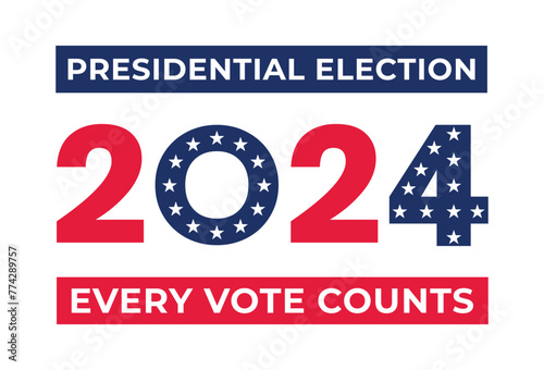 USA 2024 Presidential Election background with American flag colors design. Election event banner, card, poster, template, voting communication, background. Vote day, November 5. Vector illustration.