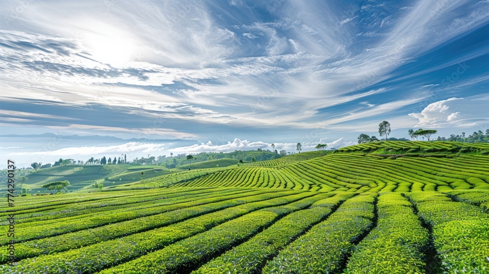 Sprawling Tea Fields Under Bright Spring Sky