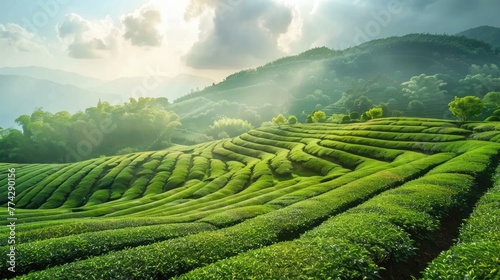Sprawling Tea Fields Under Bright Spring Sky