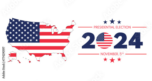 USA 2024 Presidential Election background with US flag colors design and map. Election event banner, card, poster, template, voting communication background. Vote day, November 5. Vector illustration.