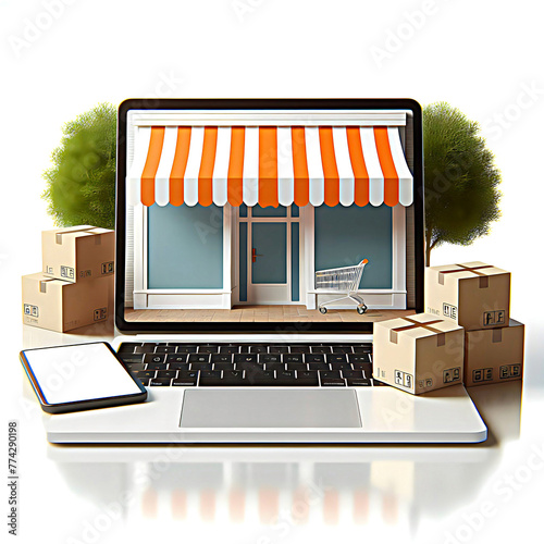 The laptop screen is a storefront. Next to it are merchandise boxes