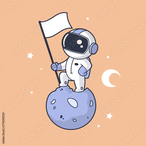 Astronaut in space, standing on an asteroid, holding a flag vector cartoon illustration in retro vintage style (ID: 774290529)