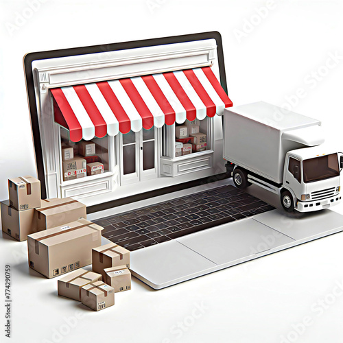 A laptop screen is a storefront. Next to it are merchandise boxes and Cargo truck .