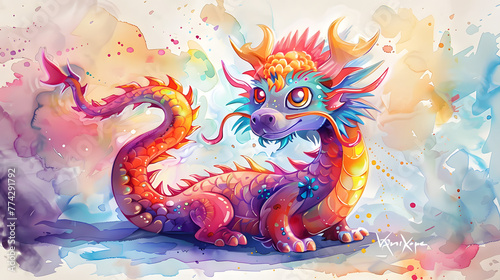 Whimsical Chinese Dragon Illustration: A Cute and Playful Cartoon Character with Vibrant Colors and Intricate Designs © Tharshan