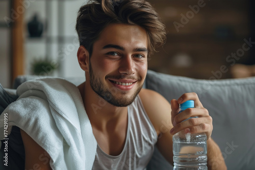 Tired but happy. Young man smiling at camera, holding water bottle and wiping sweat with towel while resting after training workout at home