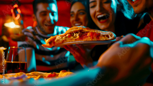 friends at a party enjoying a delicious calzone, traditional Italian pastries, advertising for a pizzeria and delivery service