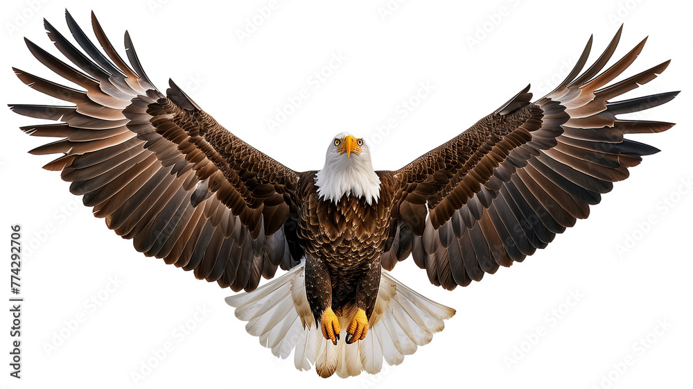 Obraz premium A majestic American bald eagle, our national symbol, soars in flight with its massive white head and hooked beak outstretched