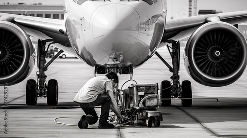 Ground crew conducting maintenance checks on parked aircraft to ensure operational readiness and safety before departure or further servicing. 