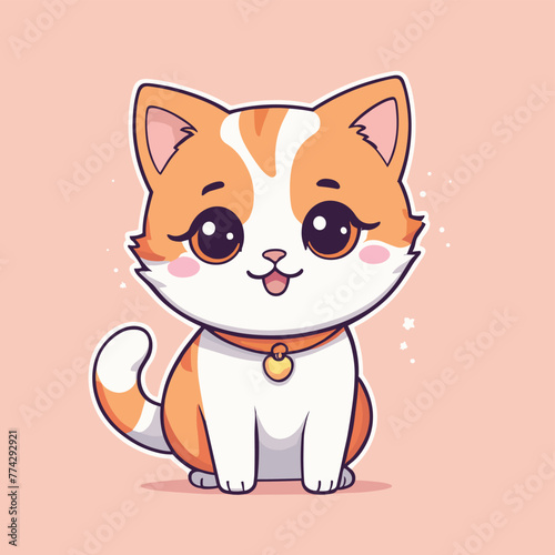 A cute cartoon cat with a yellow collar is sitting on a pink background
