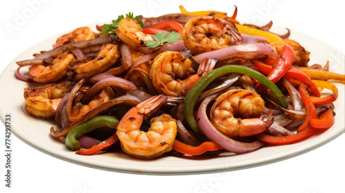 A vibrant, mouth-watering dish of succulent shrimp and roasted peppers on a pristine white plate