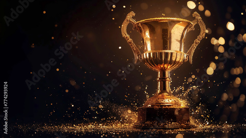 A prestigious golden trophy on display, standing regally against a deep black background.