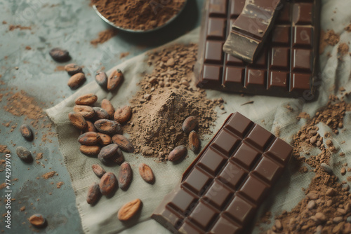 A tasteful arrangement of cacao beans, cacao powder, and a cacao bar on a simple background.