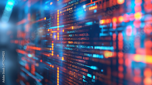 Close-up of Glowing Binary Code and Circuitry with Dynamic Blue and Orange Lighting