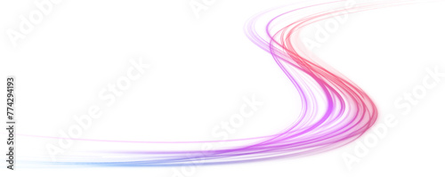 Abstract neon rays of light on a transparent background in PNG format. Light trail wave, fire path trace line, car lights, optic fiber and incandescence curve twirl. 