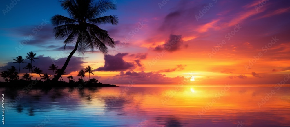 A serene and picturesque scene of a tropical island at sunset, featuring lush palm trees and a tranquil body of water reflecting the colorful evening sky