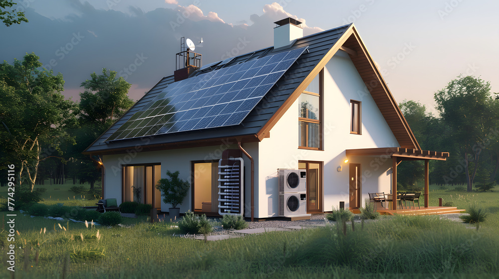 Eco-Friendly Energy Supply: Sustainable Low-Energy House Design Showcasing Heat Pump and Solar System Integration - 3D Visualization