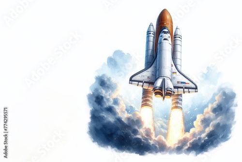 A space shuttle taking off into space. Space for text. photo