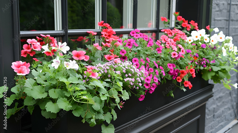 Naklejka premium A stunning array of petunias and pelargoniums bursts from a window box, adding a pop of color to the sleek black window frames.