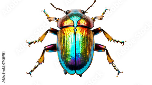 A vibrant multicolored beetle stands against a pure white background
